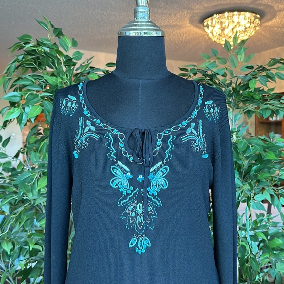 Size Large Black Boho Western Sweater Turquoise Beads and Bell Sleeves - Picture 5 of 16